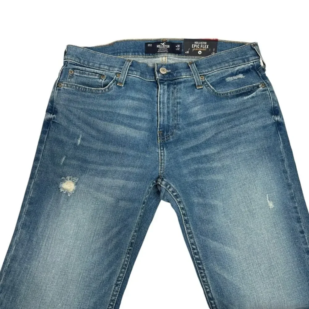 Hollister Epic Flex Slim Straight Medium Wash Light Distressed Jeans 30”X32” NEW